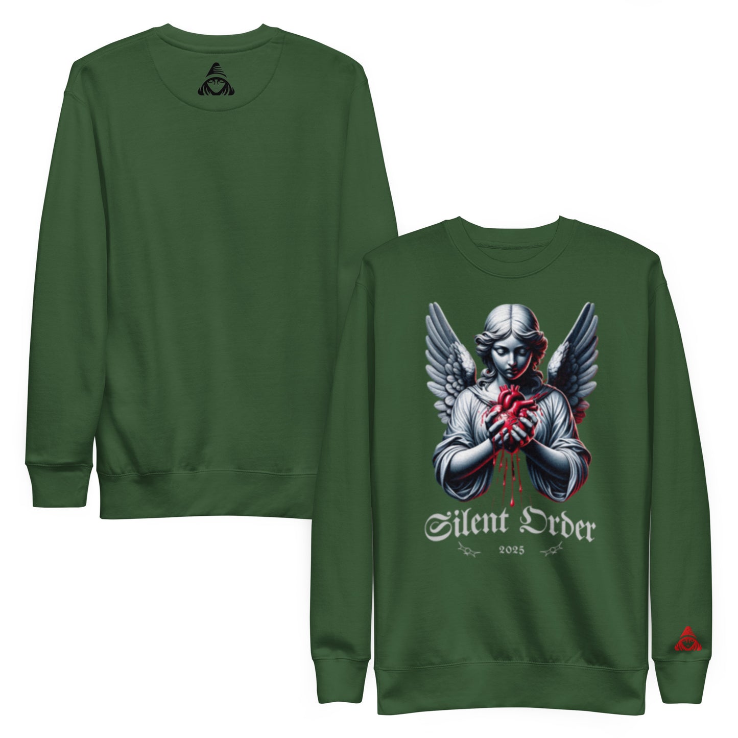Green sweatshirt with an angel graphic and 'Silent Order' text on a white background