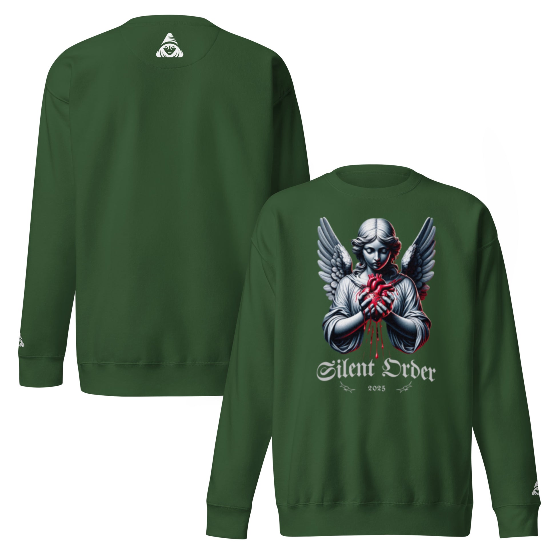 Green sweatshirt with angel design and 'Silent Order' text on a white background