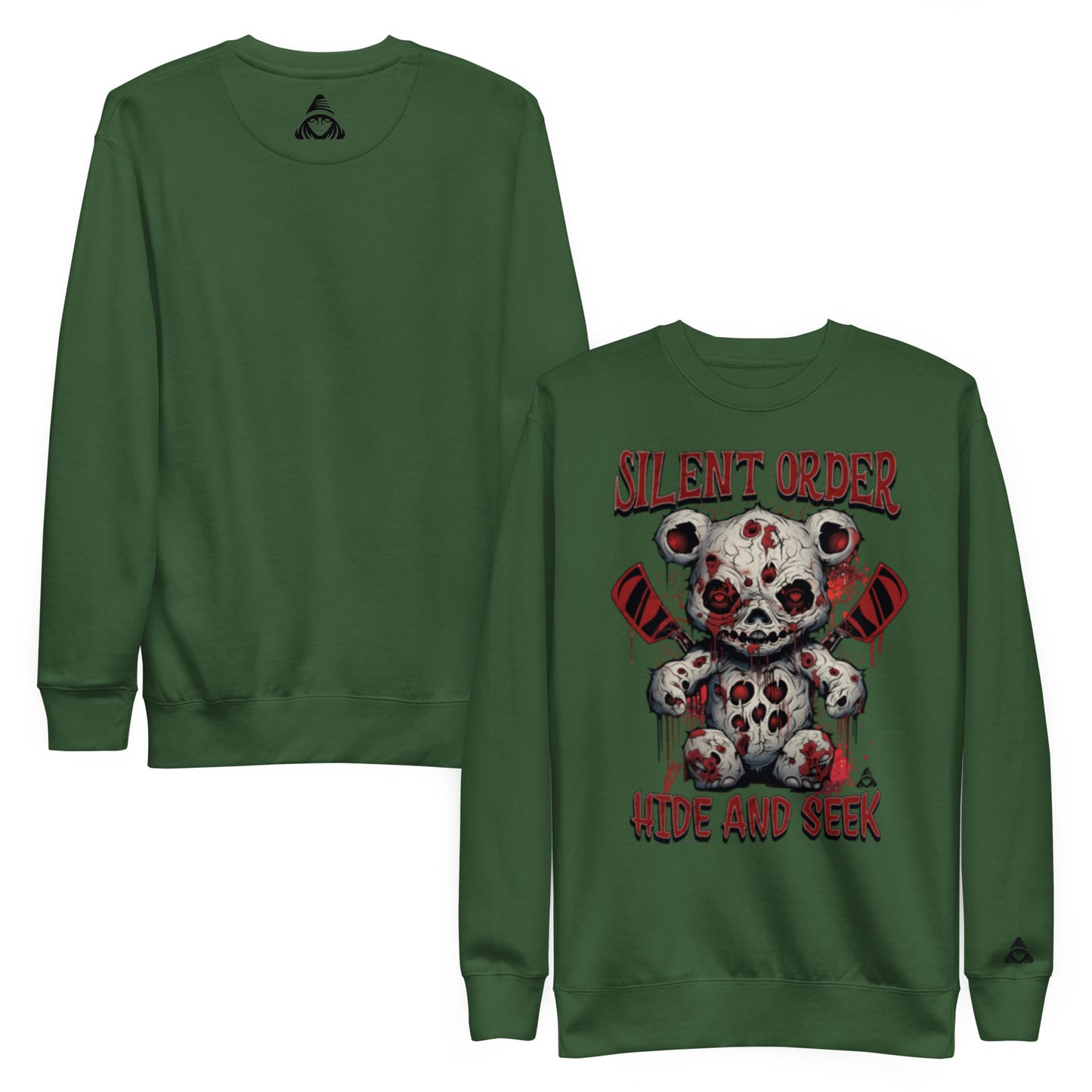 Green sweatshirt with a graphic design of a teddy bear and text on a white background