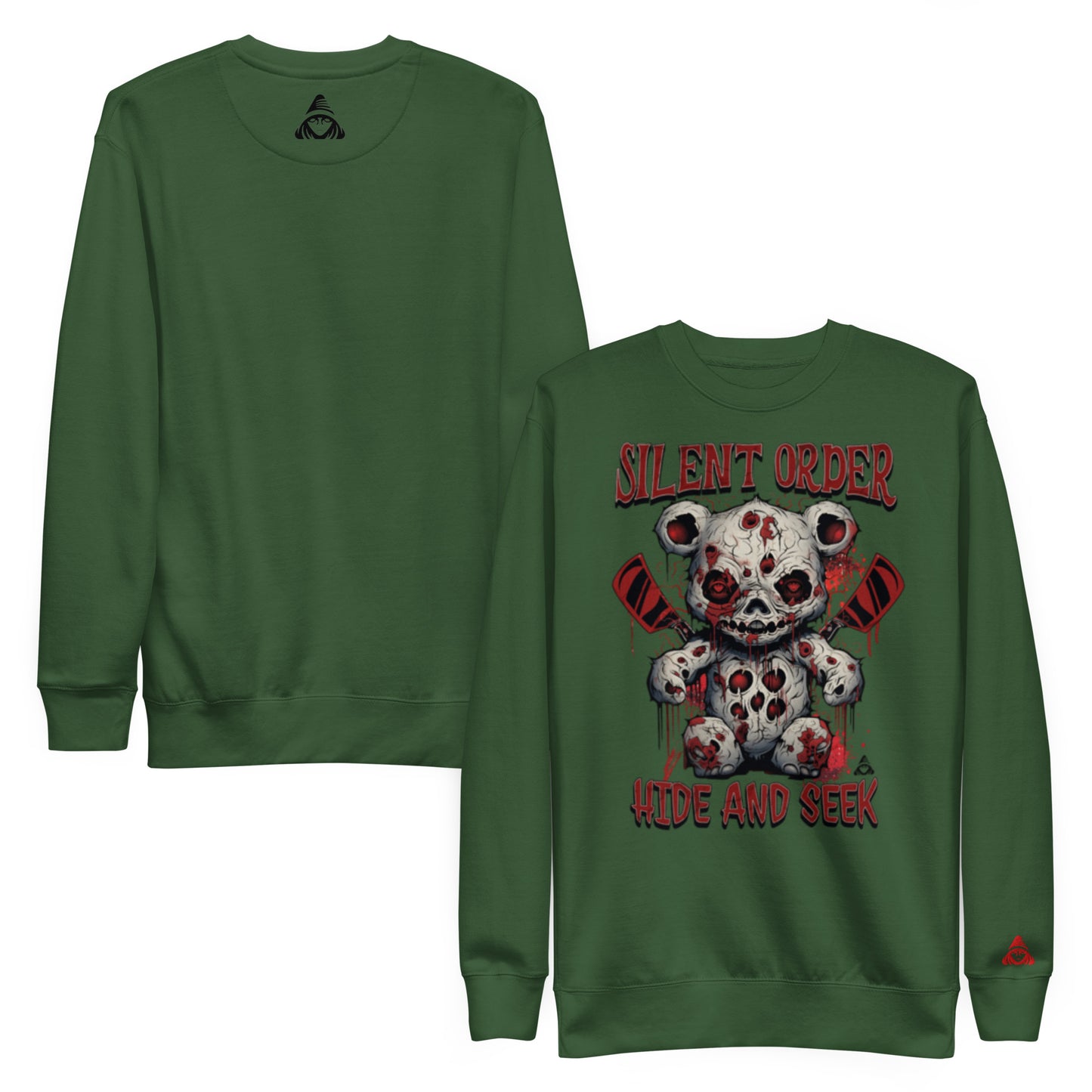Green sweatshirt with a graphic design of a teddy bear with a skull face and text on the front, displayed on a white background.