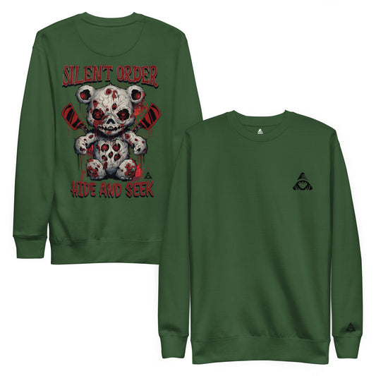 Green sweatshirt with graphic design on front and back