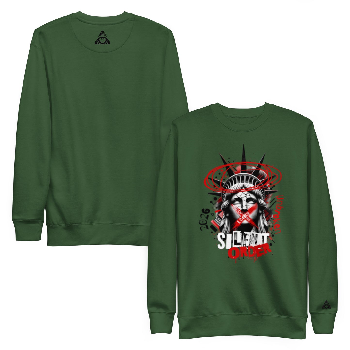 Green sweatshirt with graphic design on front and back