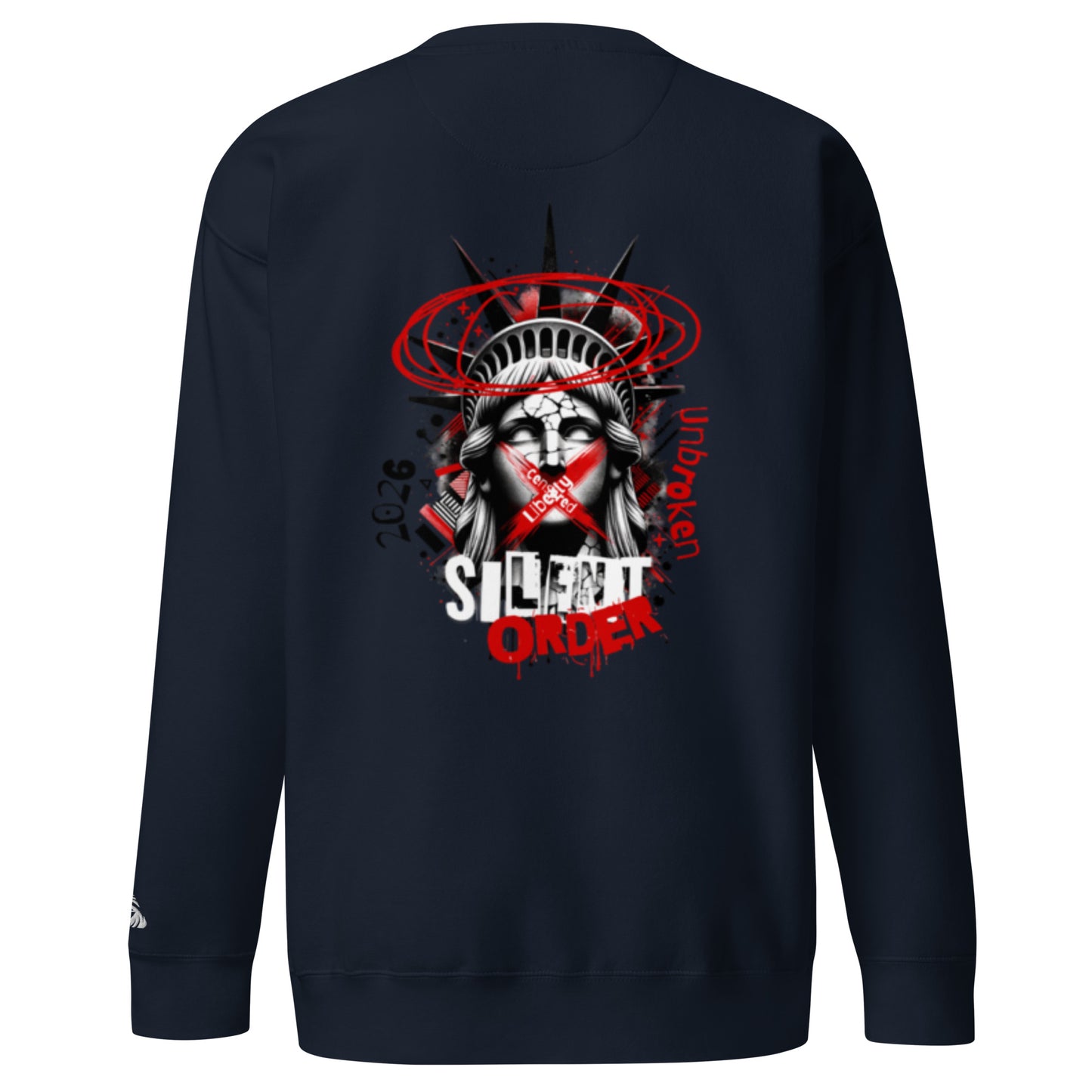 Black sweatshirt with a graphic design on the back featuring a stylized face with red accents and text.