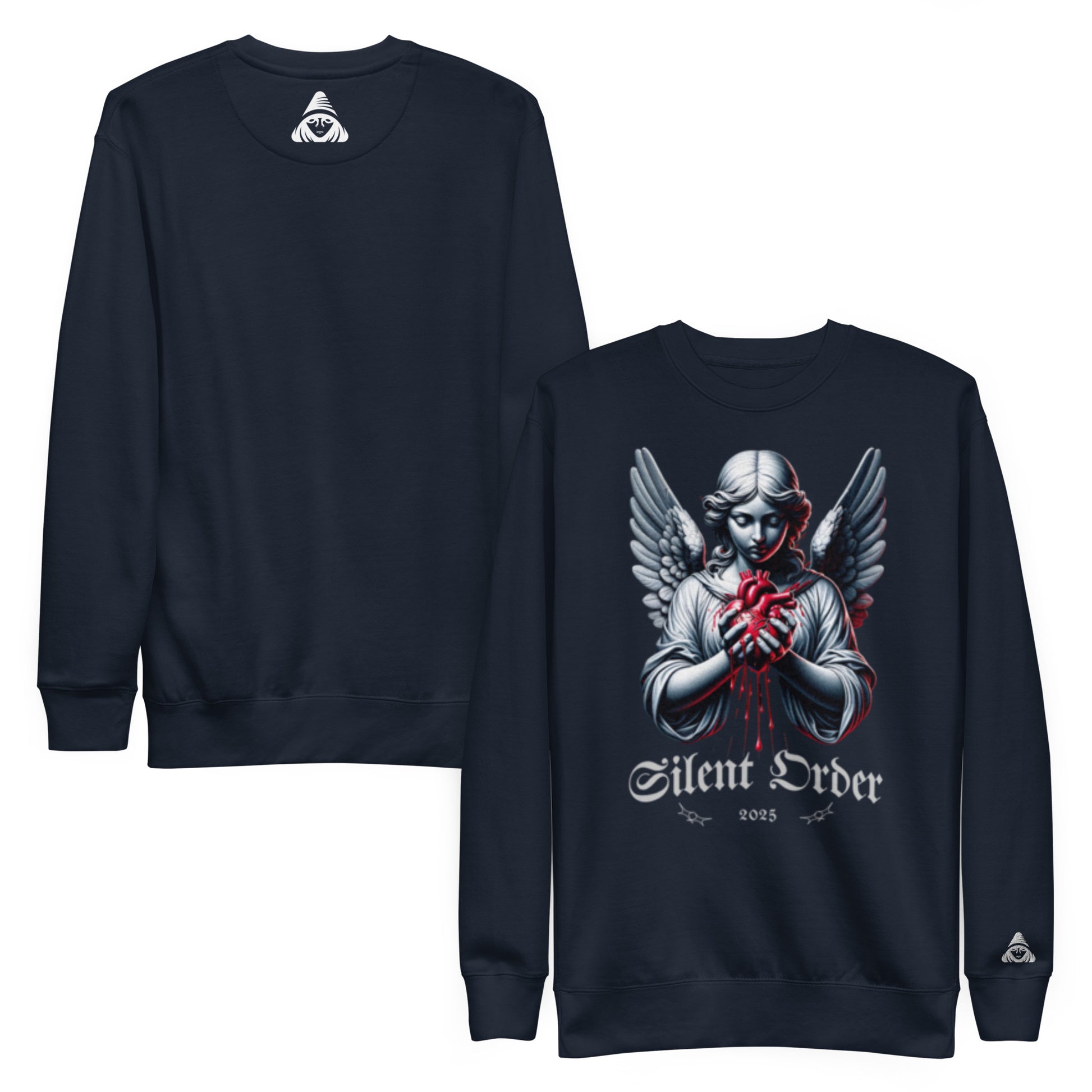 Black sweatshirt with 'Silent Order' design on a white background