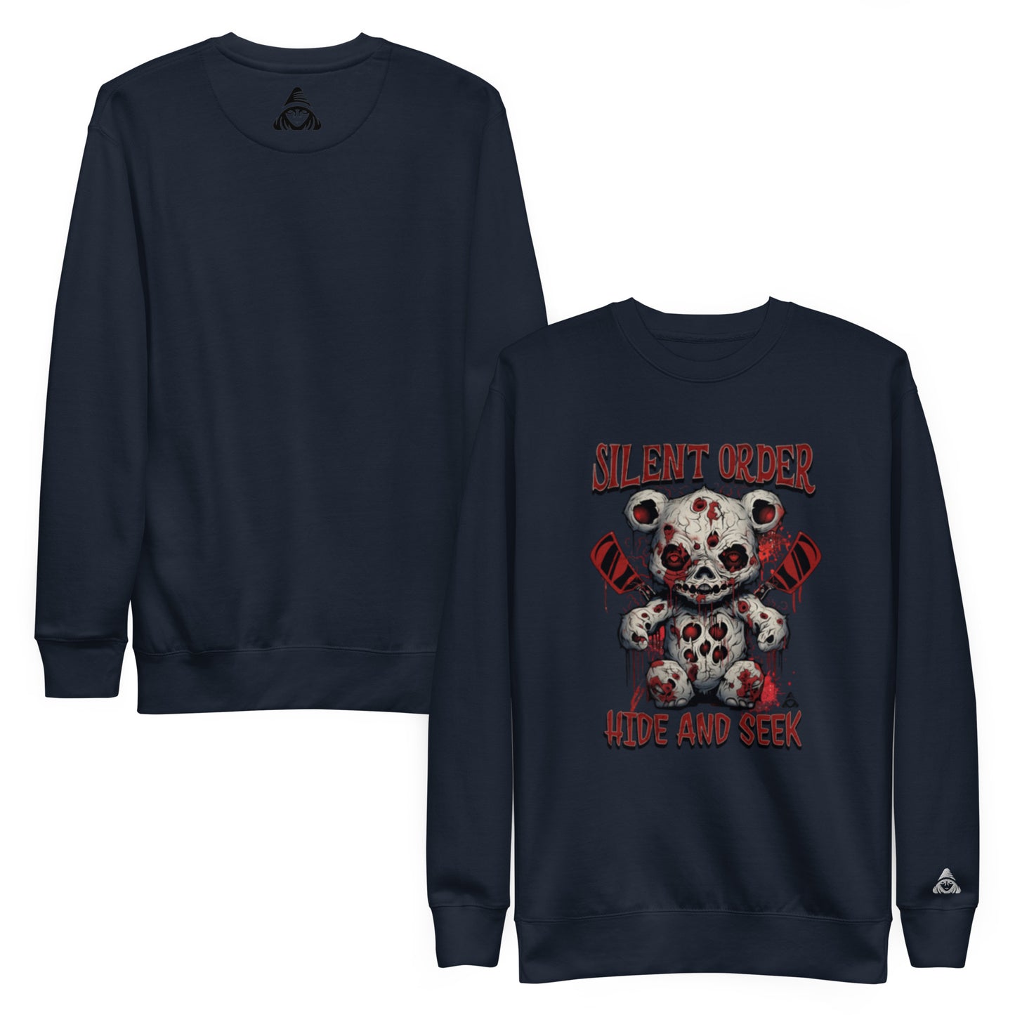 Navy blue sweatshirt with a graphic design on the front, displayed on a white background.