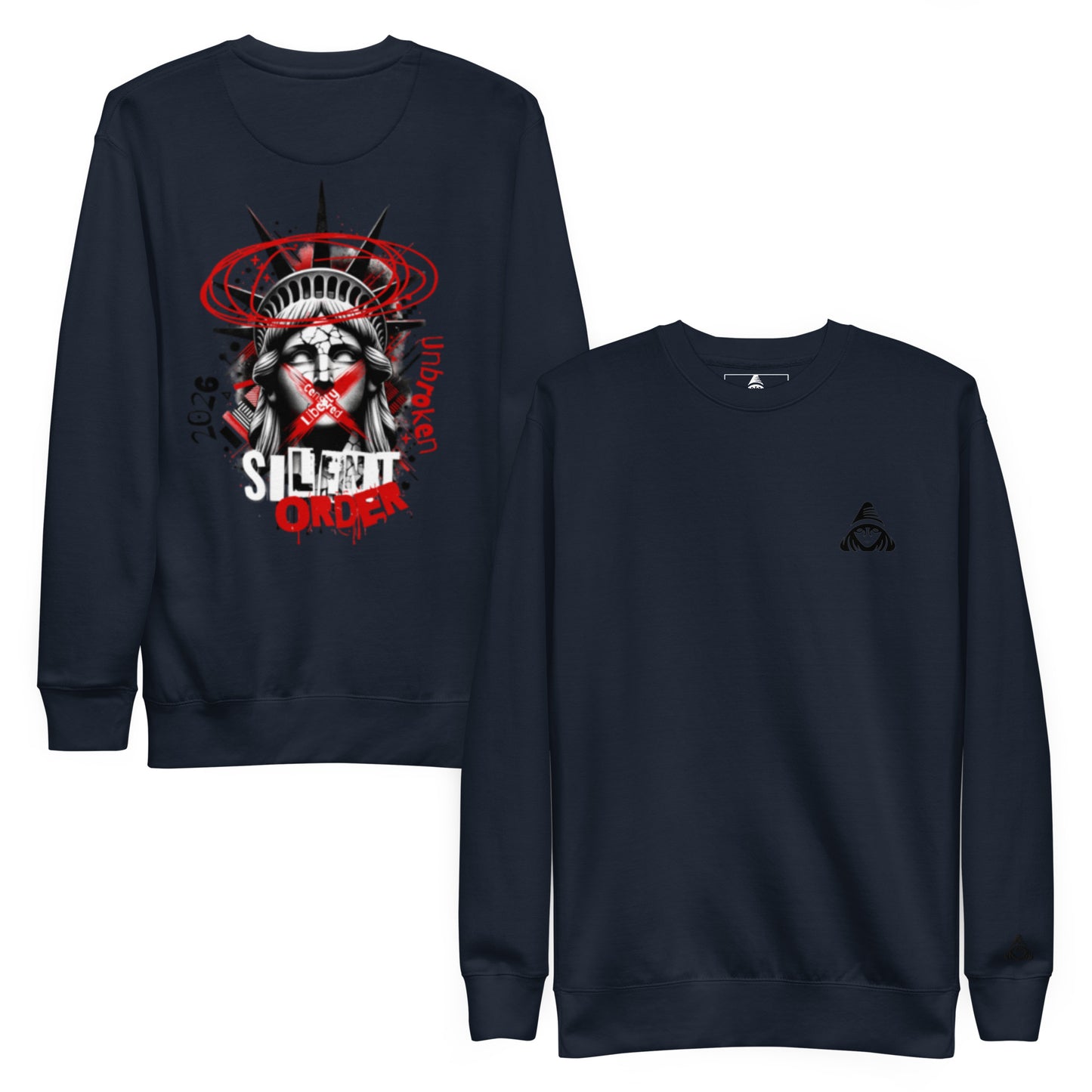 Black sweatshirt with graphic design and text on a white background