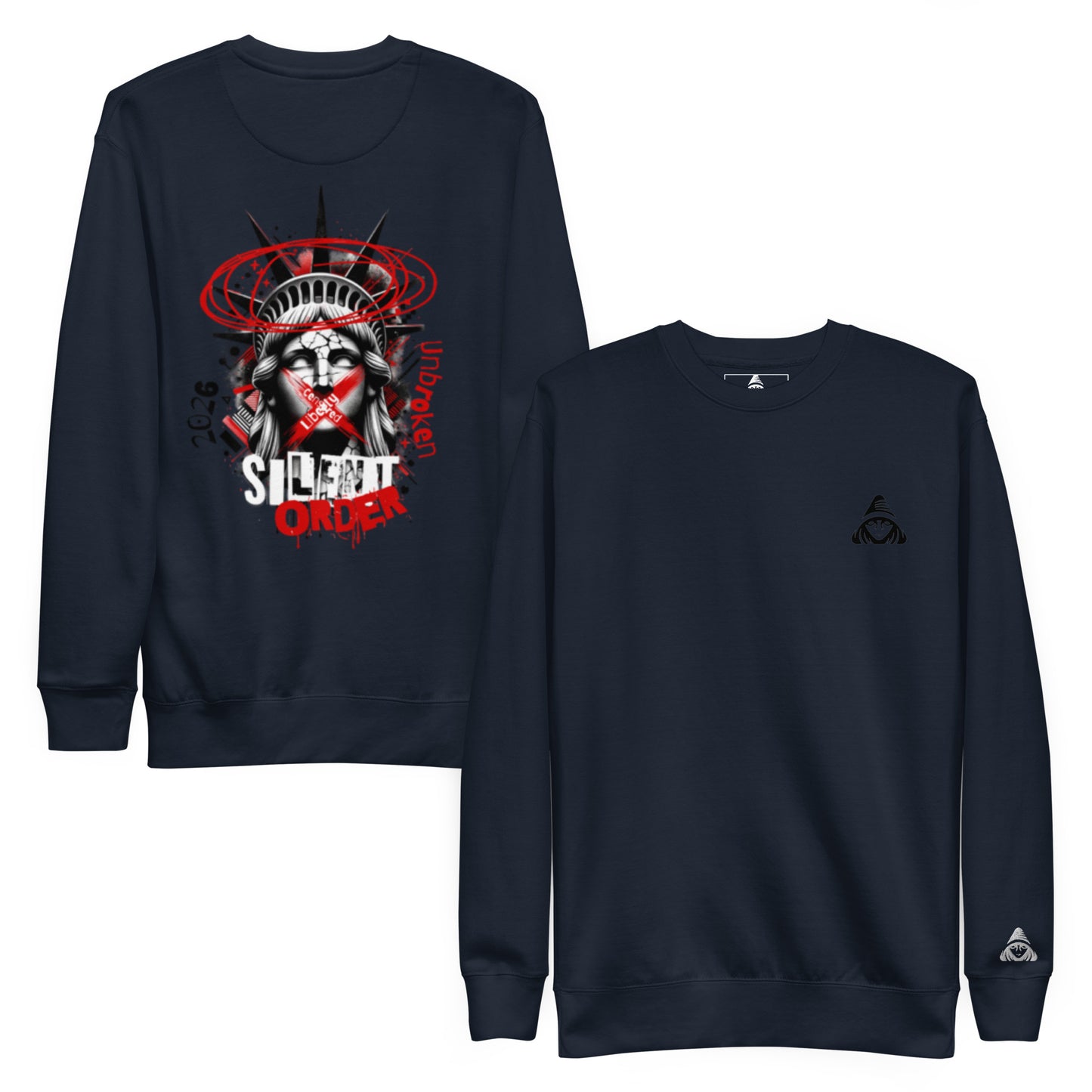 Two black sweatshirts with graphic designs on a white background