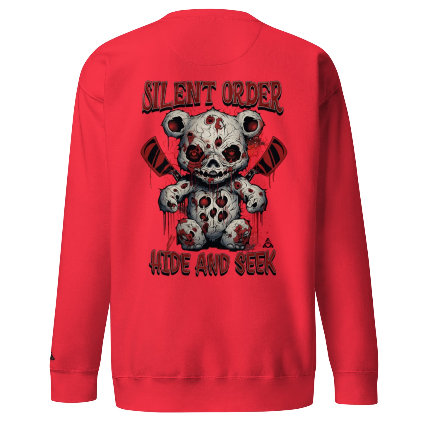 Red sweatshirt with a graphic design of a teddy bear skeleton and text on the back.