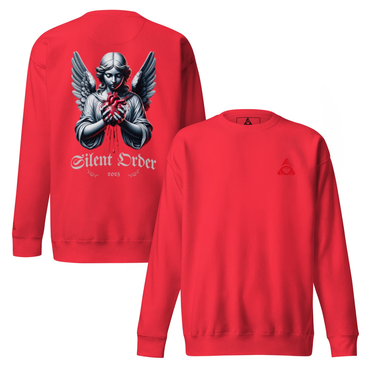 Red sweatshirt with an angel graphic on the back and a logo on the chest, displayed from front and back views.