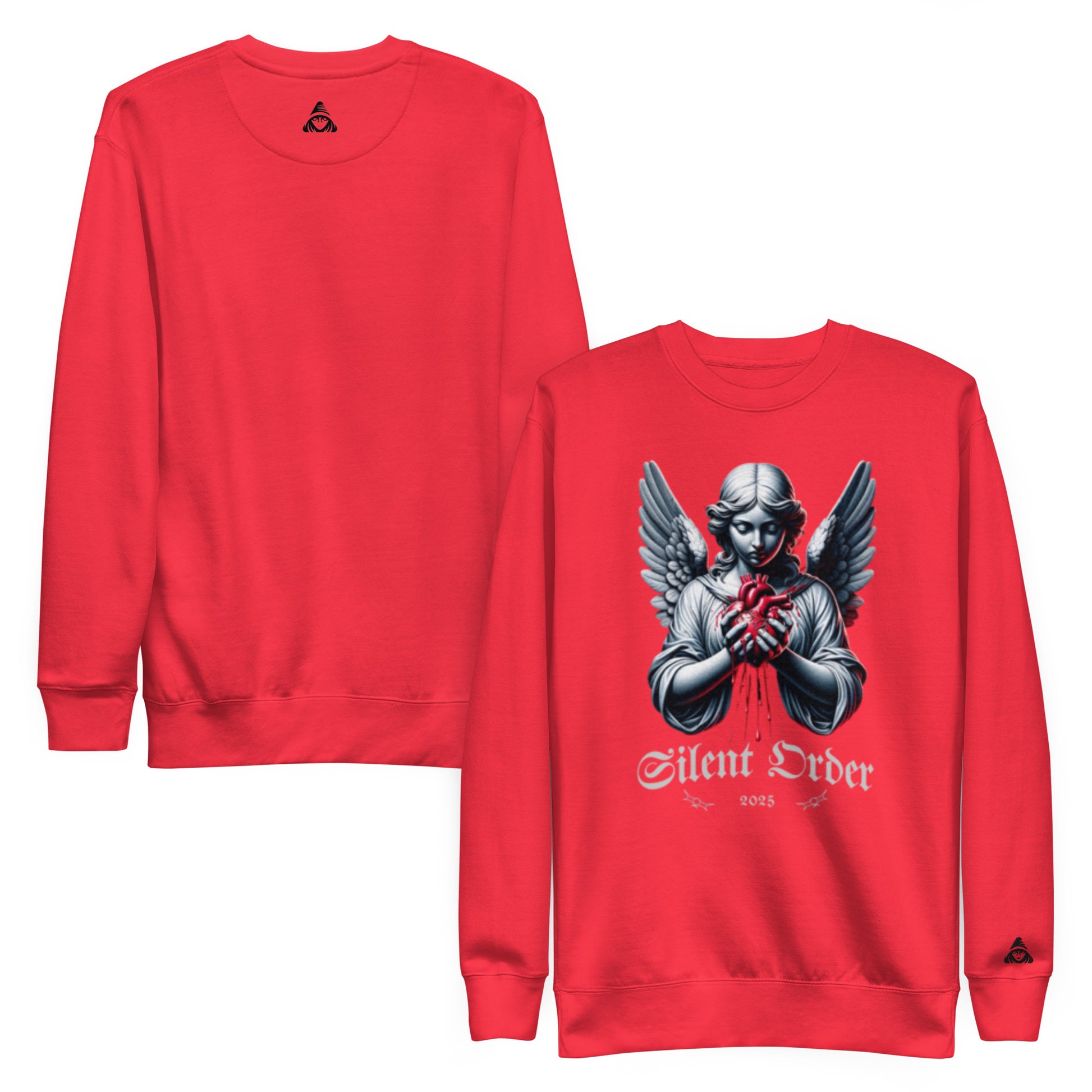 Red sweatshirt with an angel graphic and 'Silent Order' text on a white background