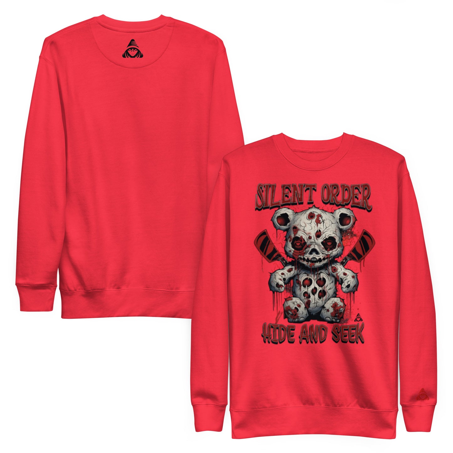 Red sweatshirt with a graphic design on the front and back on a white background