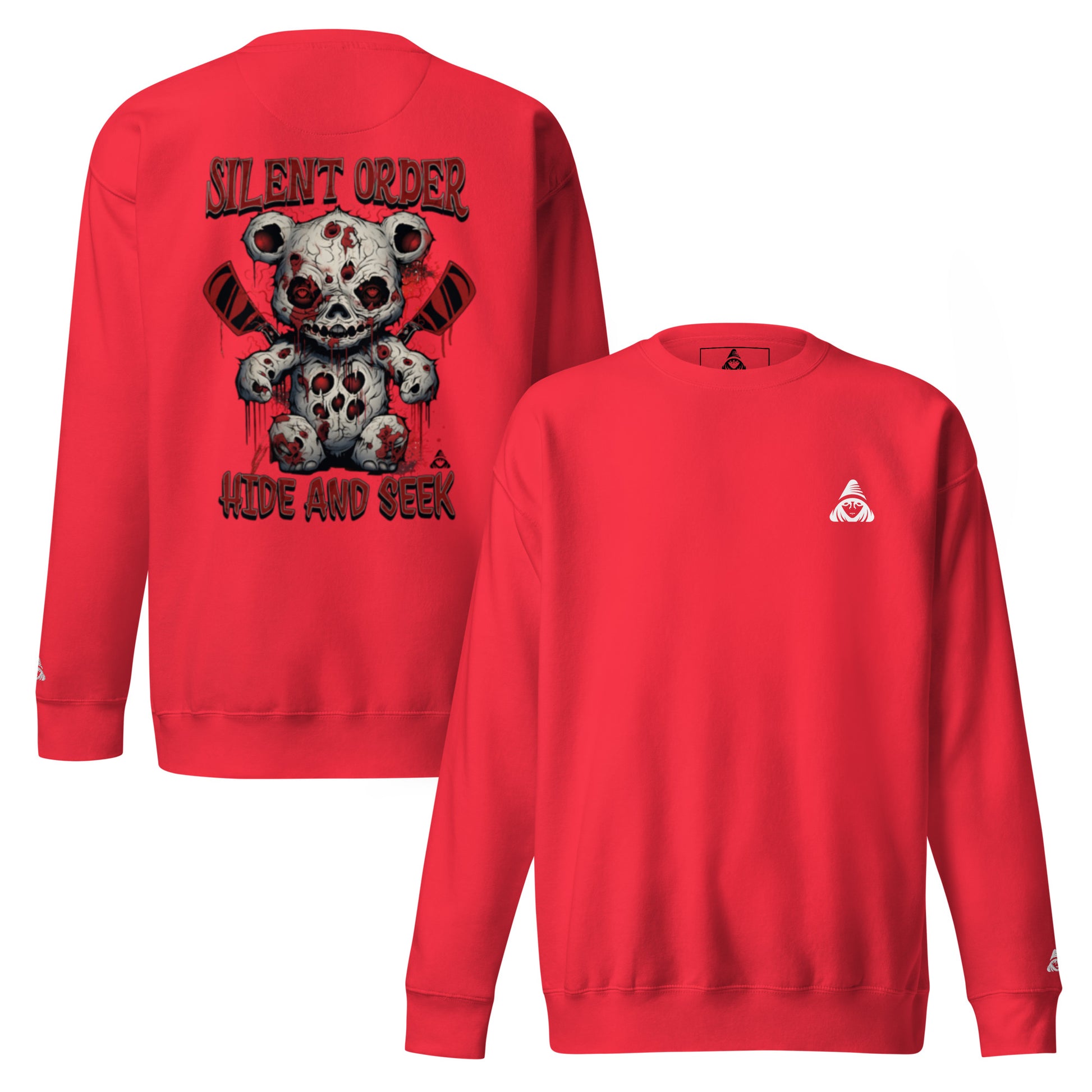 Red long-sleeve shirt with graphic design on the back and brand logo on the chest, on a white background.