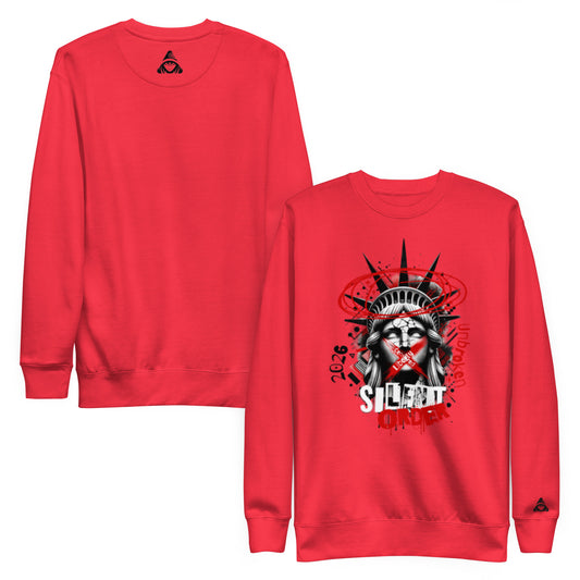Red sweatshirt with a graphic design on the front, displayed on a white background.