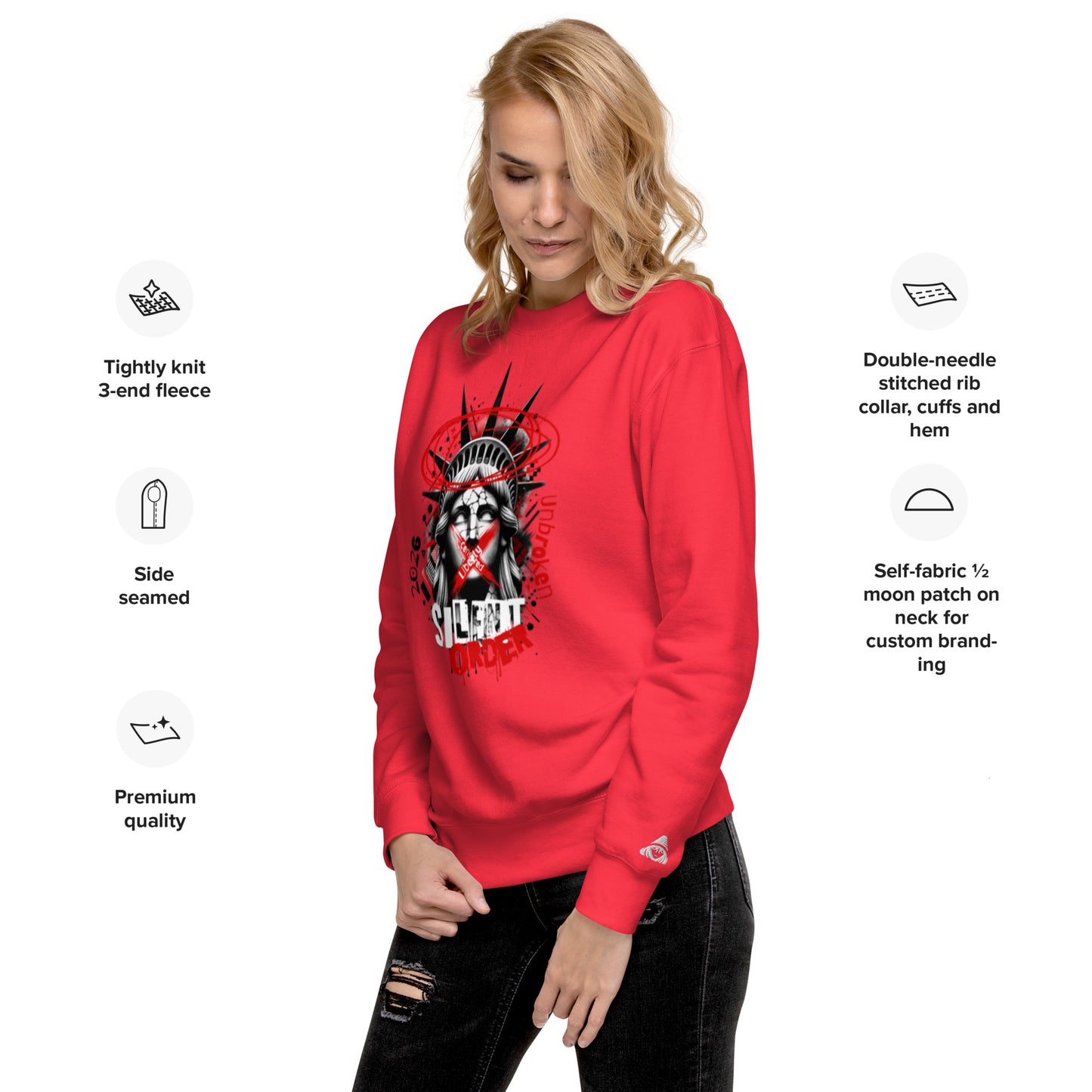 Woman wearing a red sweatshirt with graphic design, surrounded by text detailing sweatshirt features.