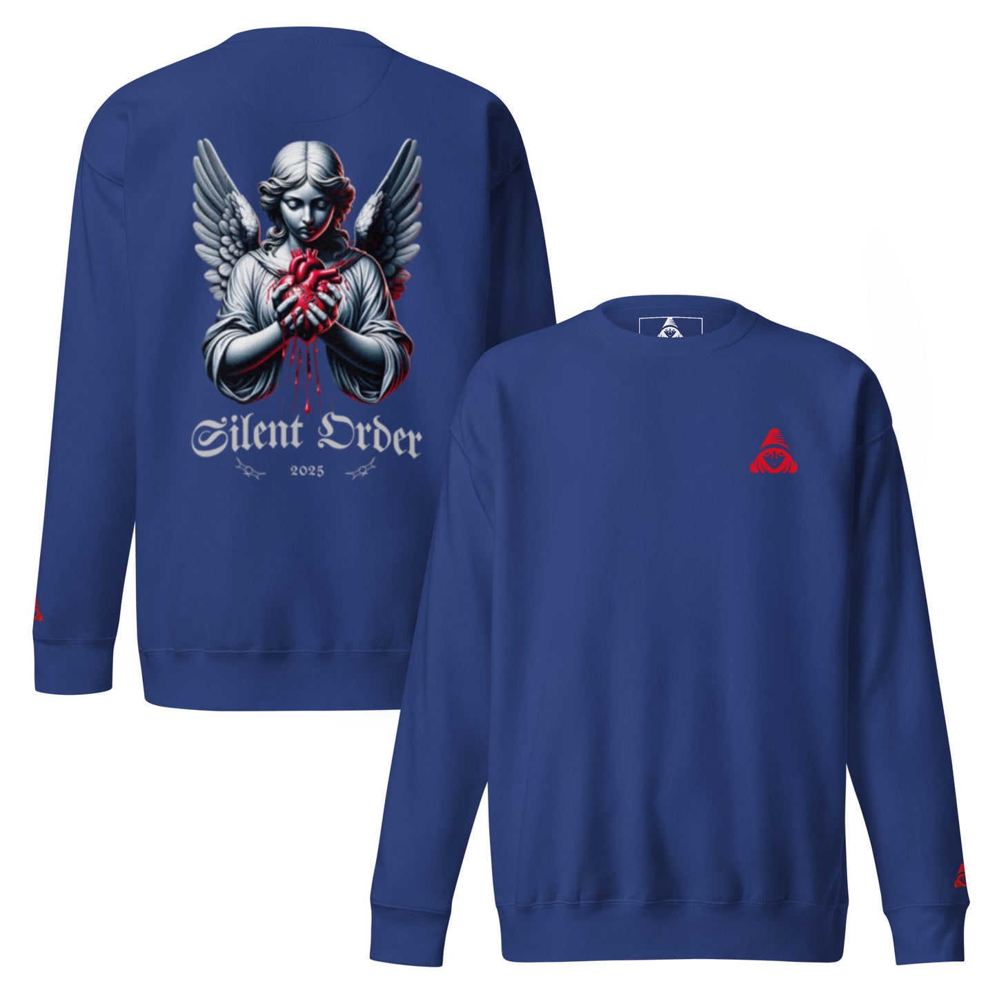 Blue sweatshirt with 'Silent Order' design on the back and logo on the chest, displayed on a white background.