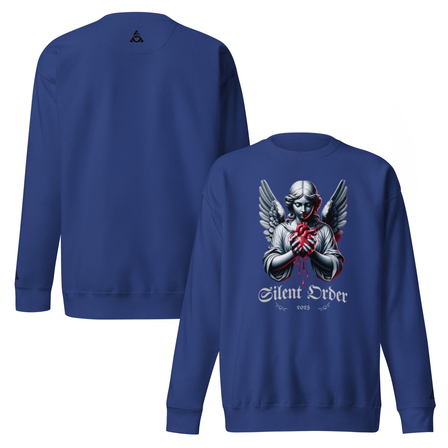 Blue sweatshirt with an angel graphic and 'Silent Order' text on the front, shown from front and back views.