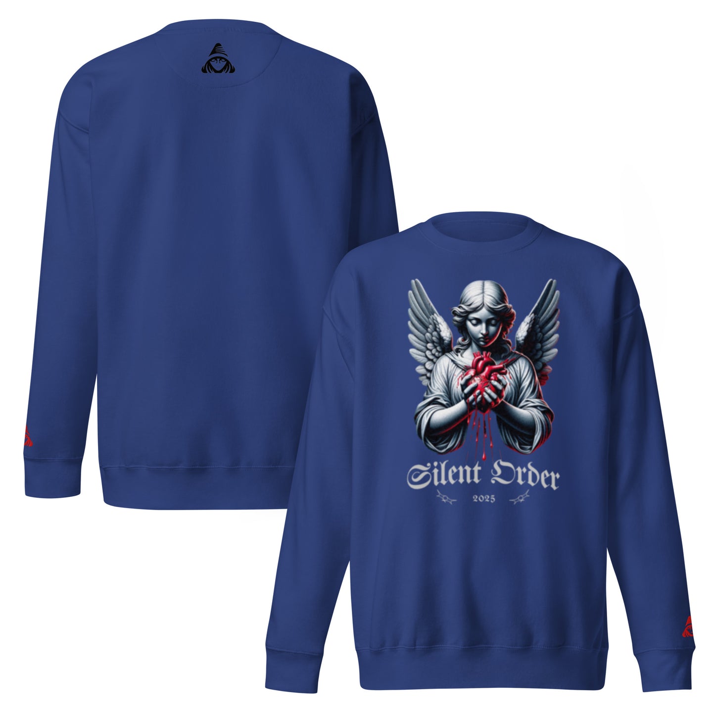 Blue sweatshirt with an angelic design and 'Silent Order' text on a white background