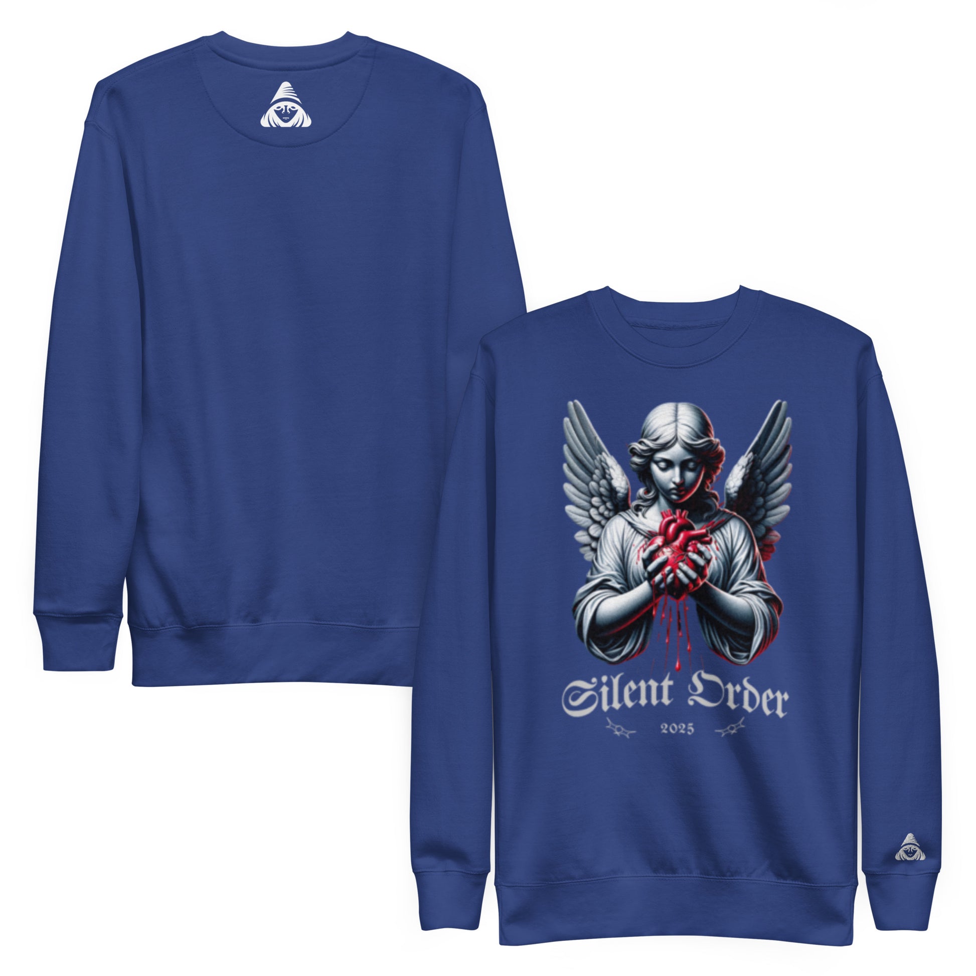 Blue sweatshirt with a graphic design and 'Silent Order' text on a white background