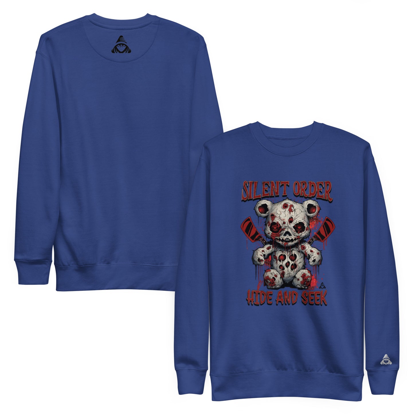 Blue sweatshirt with a graphic design of a teddy bear and text on a white background