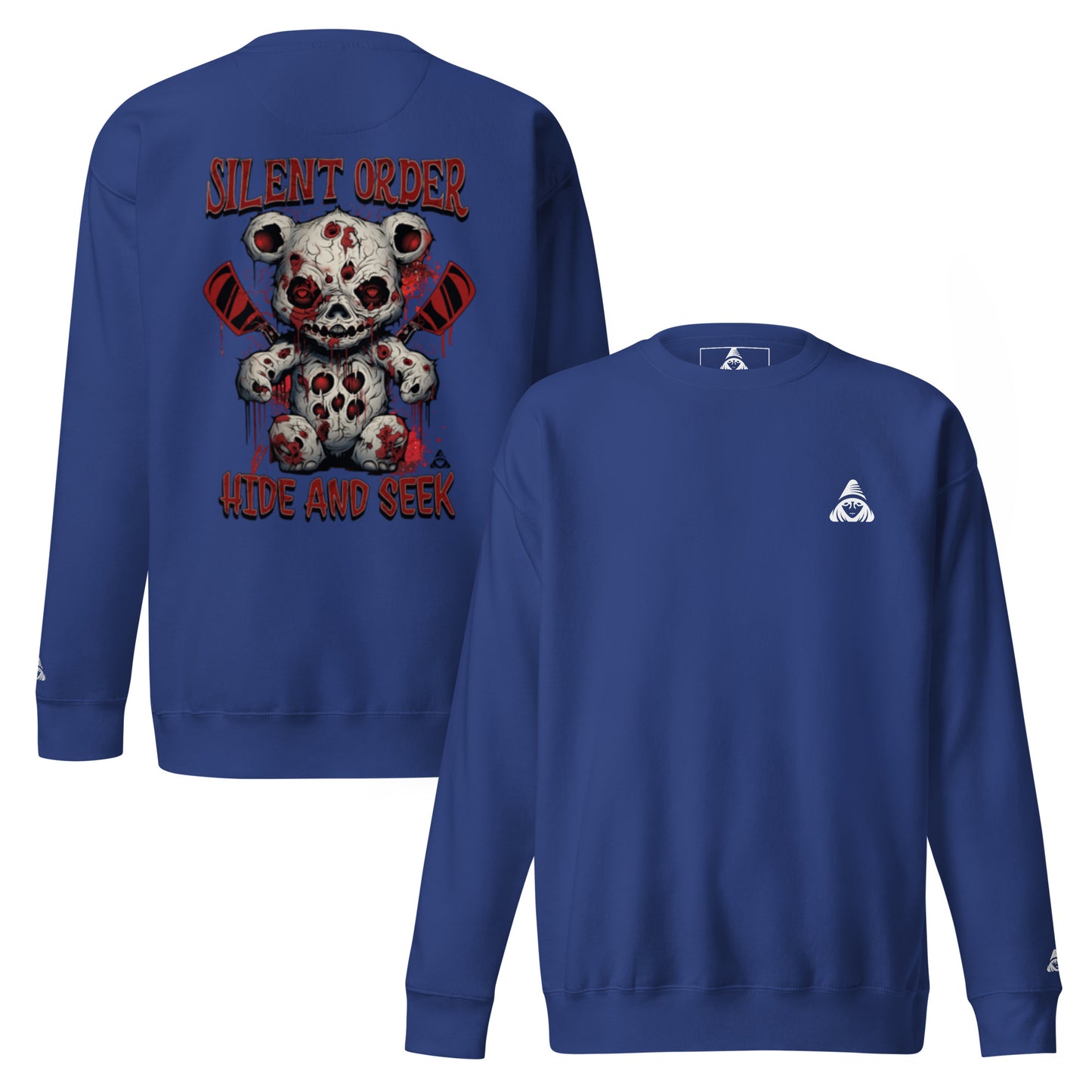Blue sweatshirt with a graphic design on the back and a brand logo on the chest, displayed on a white background.