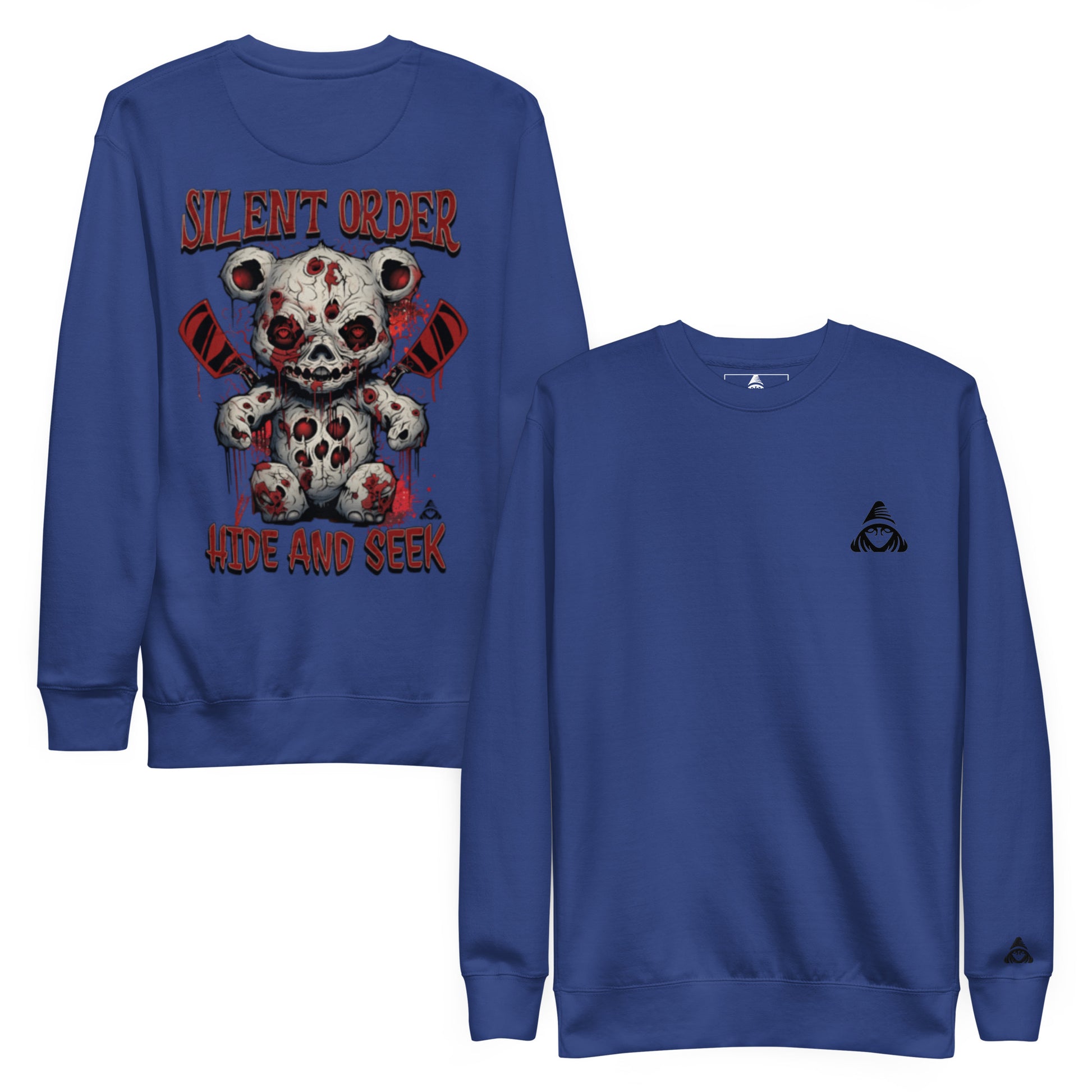 Blue sweatshirt with a graphic design of a teddy bear and text on the front, and a smaller logo on the back.