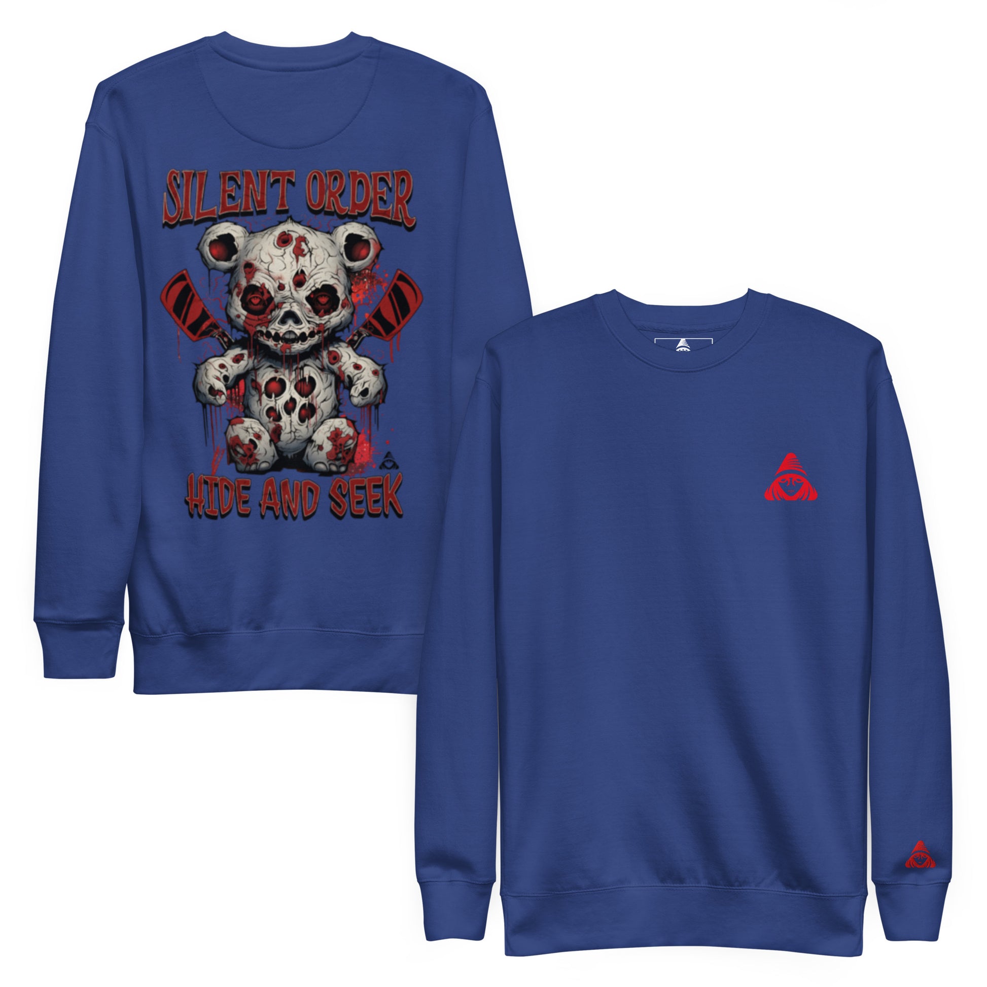 Blue sweatshirt with graphic design and brand logo on a white background