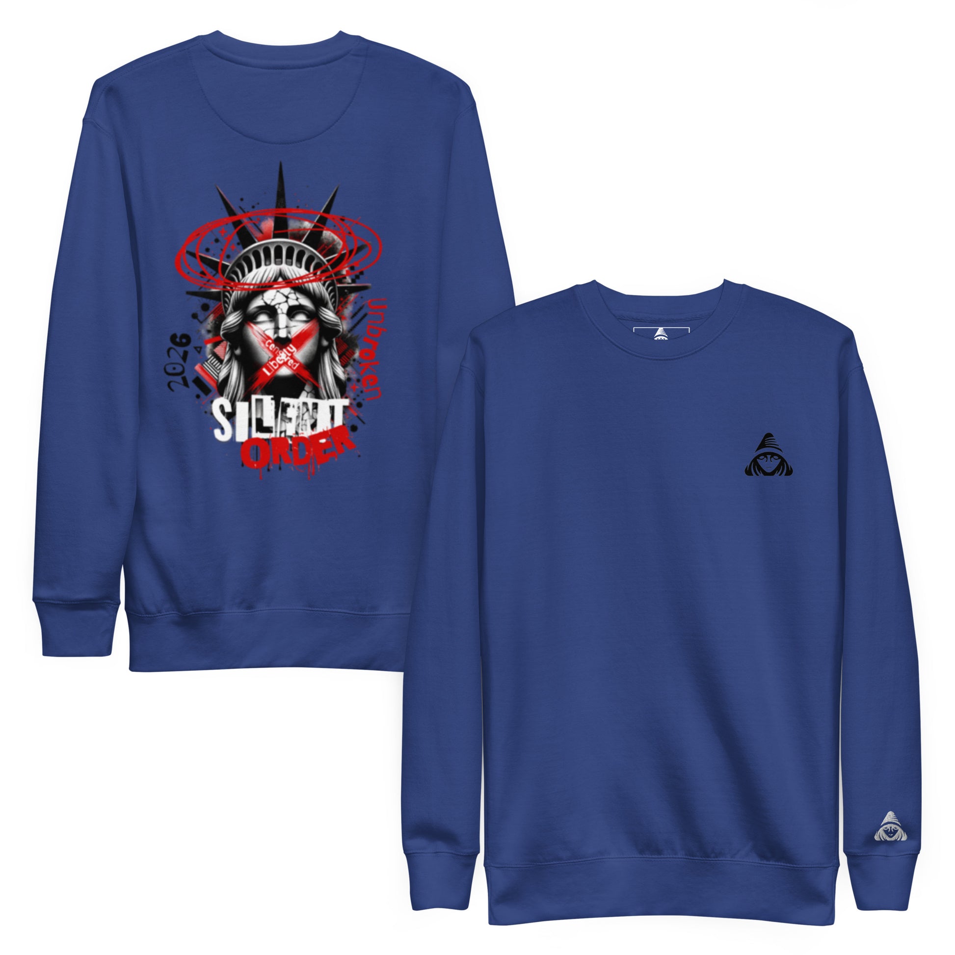 Blue sweatshirt with graphic design on front and small logo on sleeve against a white background