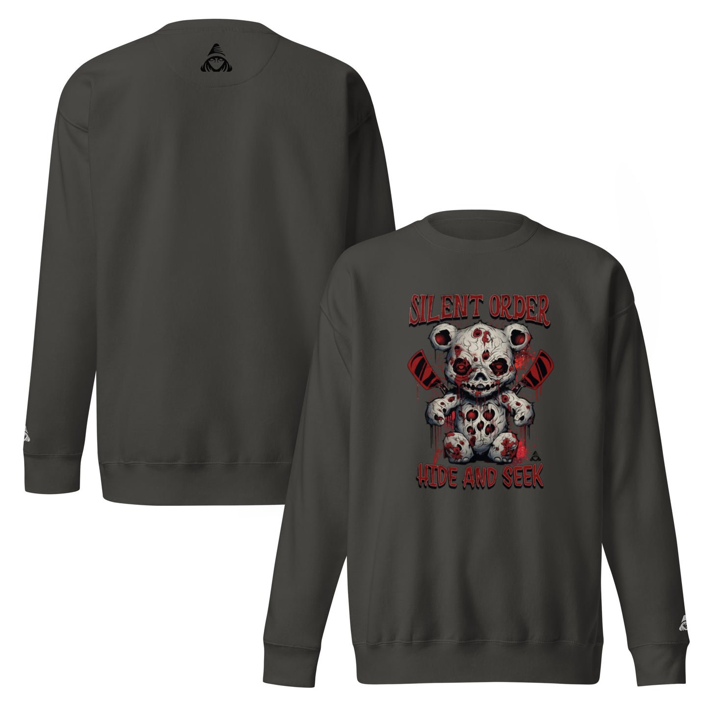 Dark gray sweatshirt with graphic design on front, shown from front and back views.