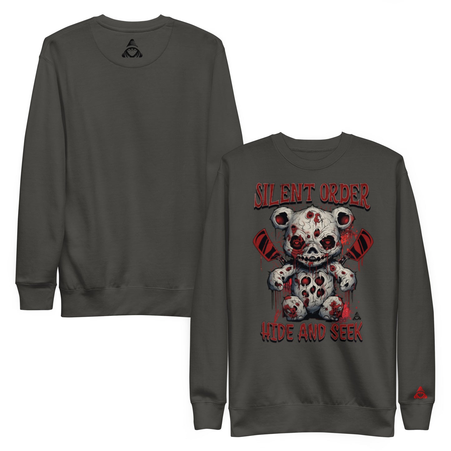 Gray sweatshirt with a graphic design of a teddy bear skull and text on a white background