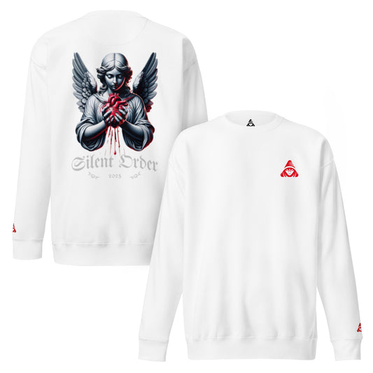 White long-sleeve shirt with graphic design on the front and brand logo on the sleeve, displayed on a white background.