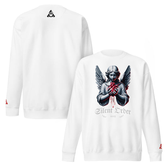 White long-sleeve shirt with graphic design on front and back, featuring an angelic figure and text.