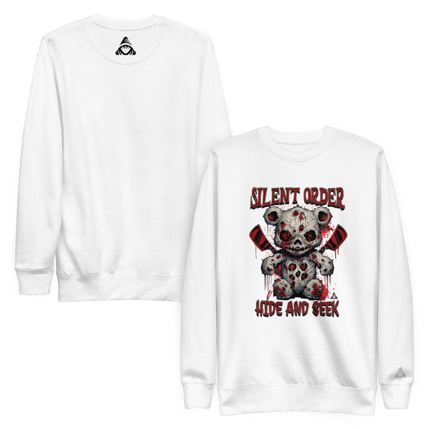 White sweatshirt with graphic design and text on a white background