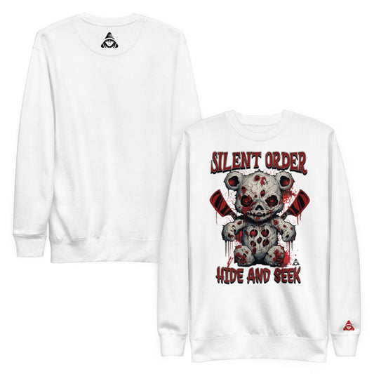 White sweatshirt with a graphic design of a teddy bear and text on the front and back, displayed on a white background.
