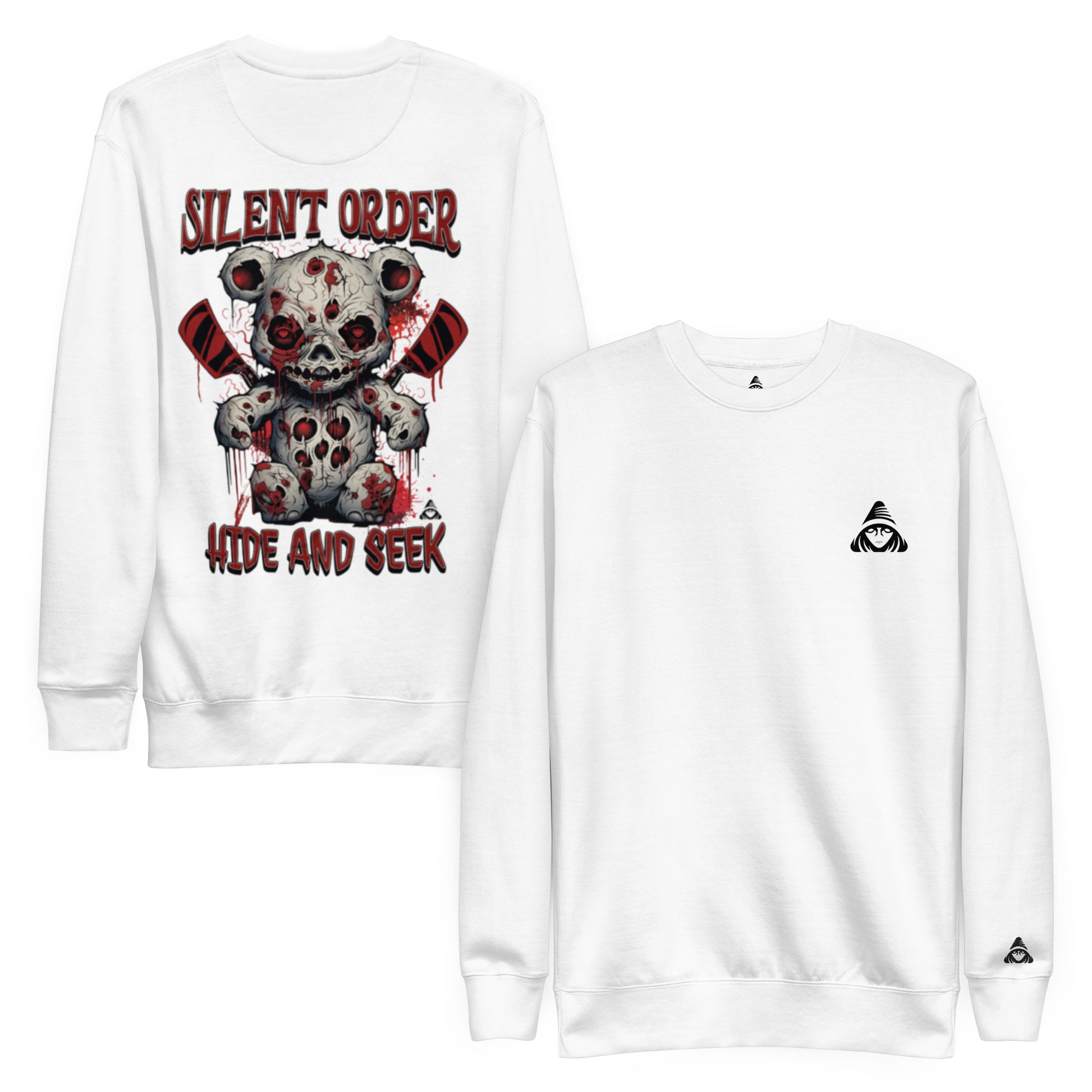 White sweatshirt with a graphic design of a teddy bear and text on the front, displayed against a white background.