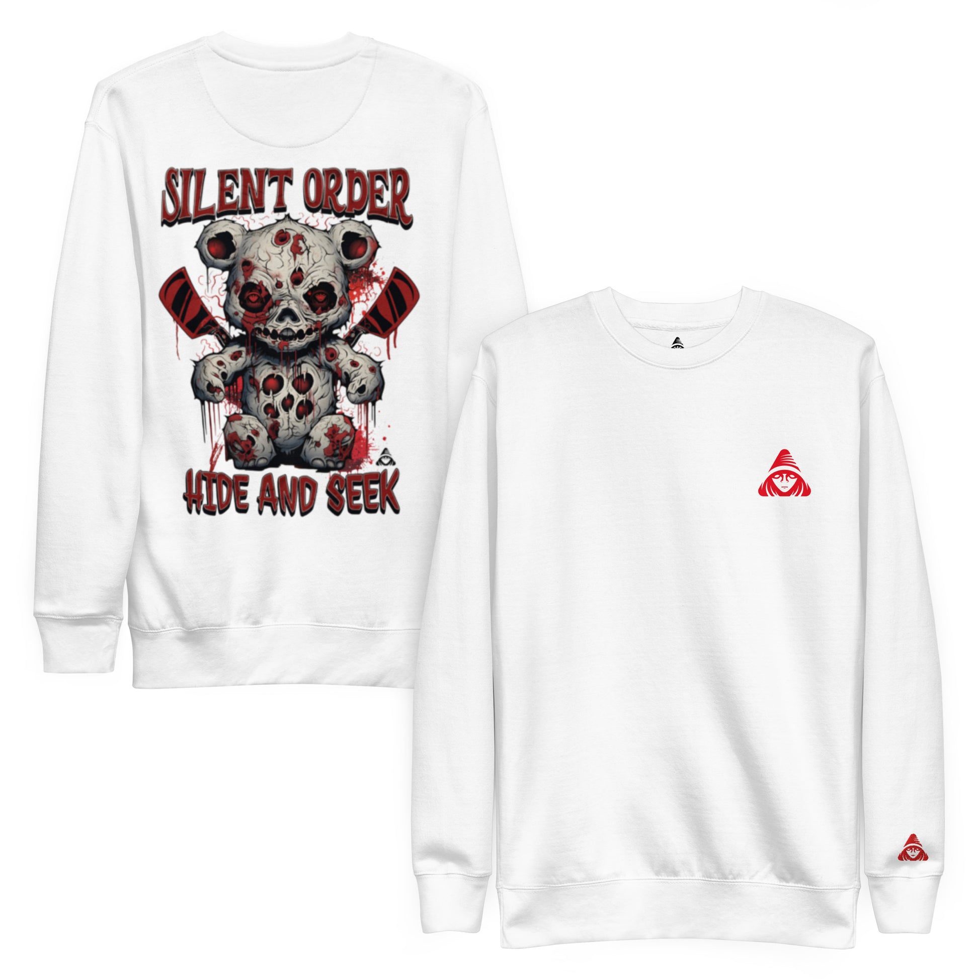 White sweatshirt with graphic design and brand logo on a white background