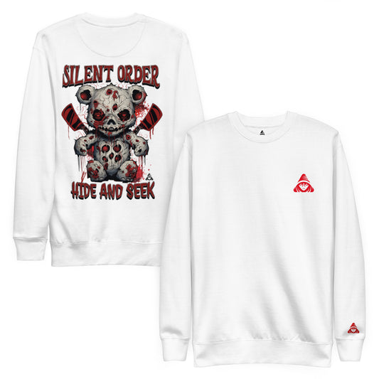 White sweatshirt with graphic design and brand logo on a white background