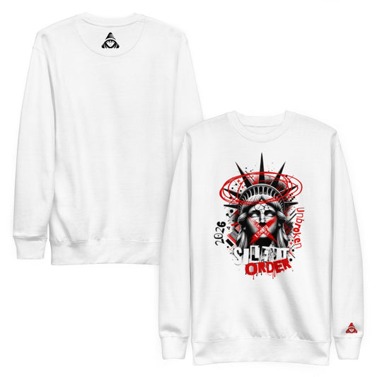 White sweatshirt with graphic design on front and back on a white background