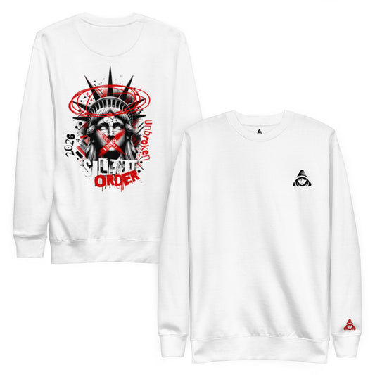White sweatshirt with a graphic design on the front and a logo on the sleeve against a white background