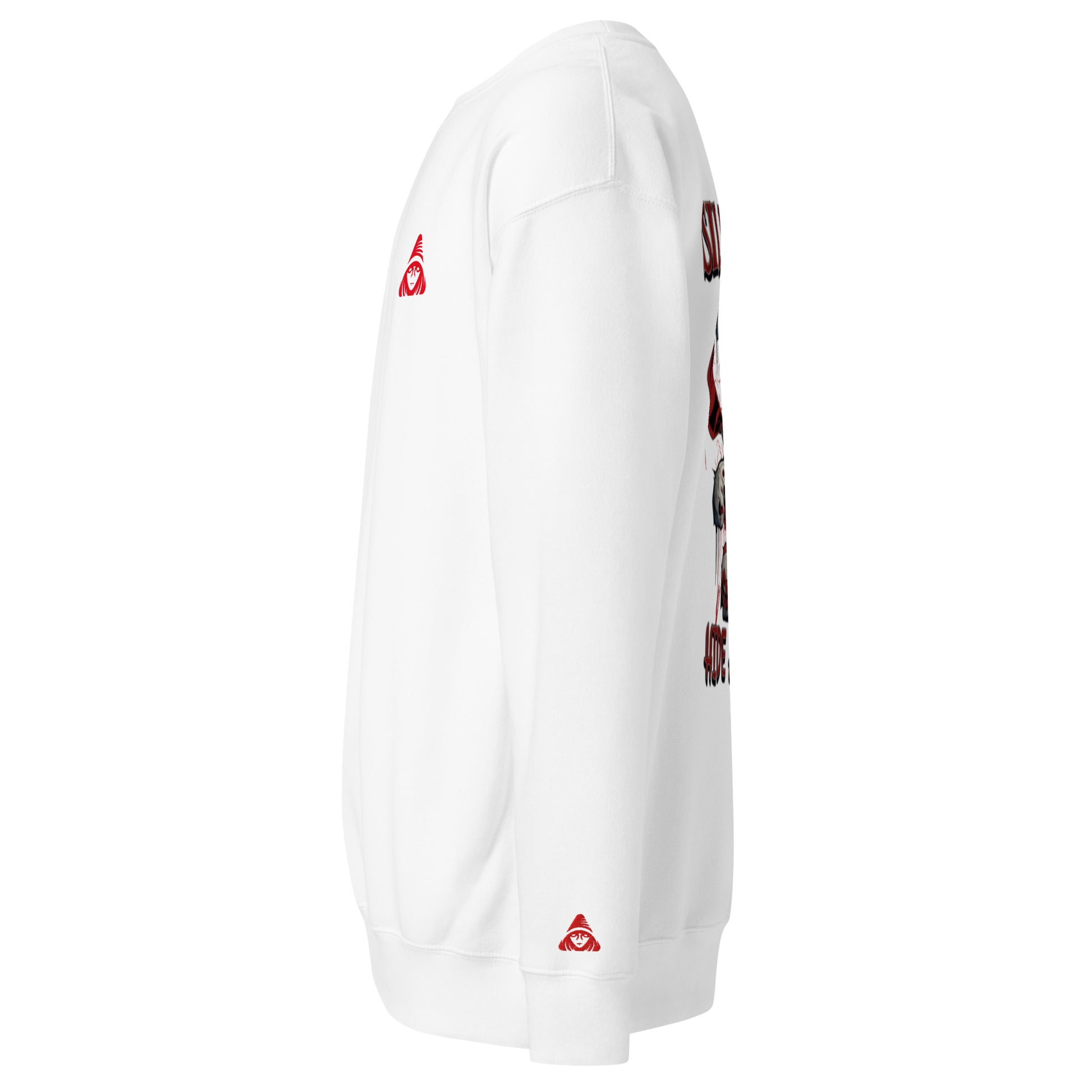 White hoodie with red logo on a white background