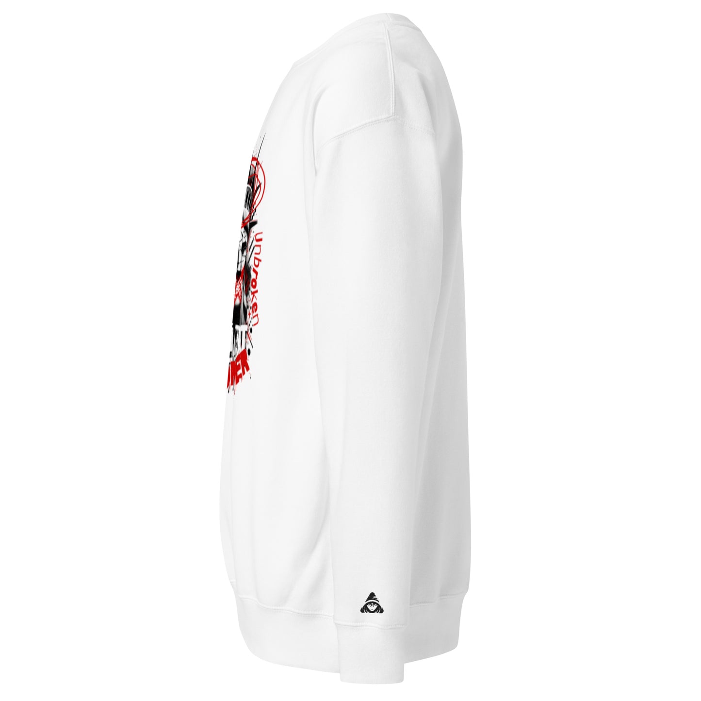White hoodie with red and black graphics on a white background